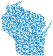 Decorative map of Wisconsin - USA - in a mosaic of blue bubbles