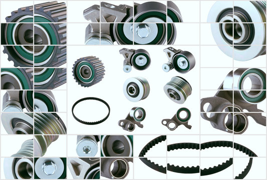 Rubber PV, gear belts and rollers for the car engine on a white