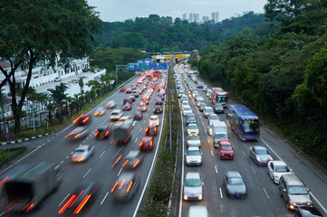 Evening traffic on the left driving road