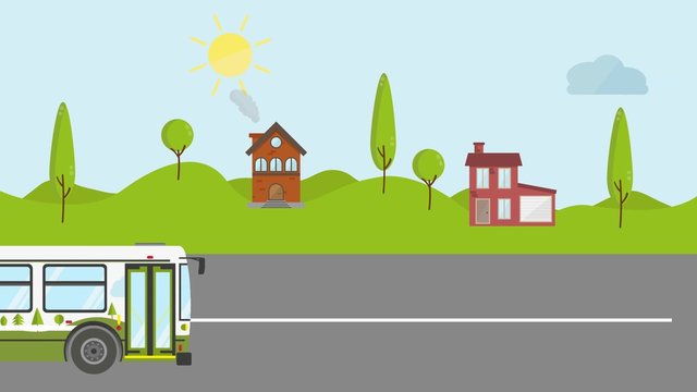 modern flat green eco bus travel through village . business ecologic public transportation animation .