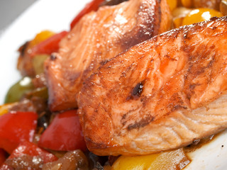 Salmon Teriyaki over vegetables