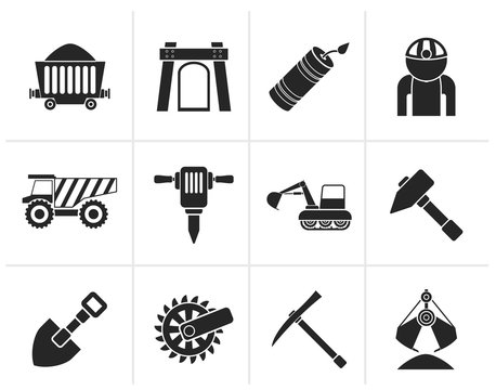 Black Mining and quarrying industry objects and icons - vector icon set