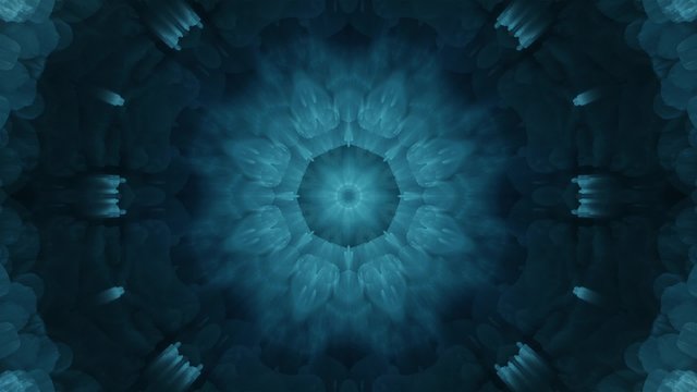 A seamless, smooth blue-tinted fractal kaleidoscope created from a macro image of live bacteria, granting a more organic look than a simple CGI background animation