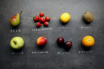 Different fruits on kitchen table with chalk signs
