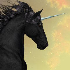 Black Friesian Unicorn - The satin black coat and mane of this buck unicorn glows under a golden starry sky. © Catmando