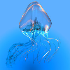 Naklejka premium Blue Glowing Jellyfish - The Jellyfish is a transparent gelatinous predator that uses its stinging tentacles to catch fish and small prey.