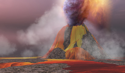 Volcanic Lands - Molten magma flows from an erupting volcano and smoke billows up into the sky. © Catmando