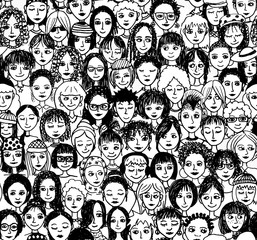 Frauen - handgezeichnetes Hintergrundmuster / Endlosmuster mit vielen unterschiedlichen Frauen (schwarz weiß Version) - 90508753