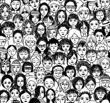 Frauen - handgezeichnetes Hintergrundmuster / Endlosmuster mit vielen unterschiedlichen Frauen (schwarz weiß Version)