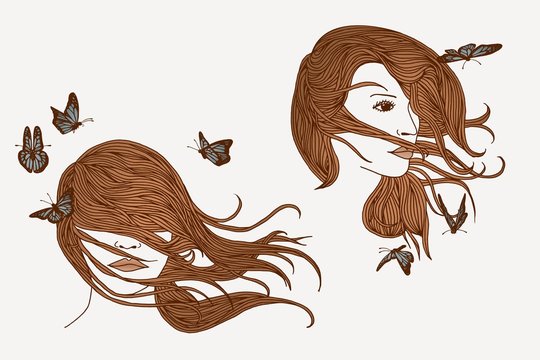 Handgezeichnete Frauen mit wehenden langen Haaren