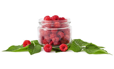 Ripe Raspberries in a bank on a white background