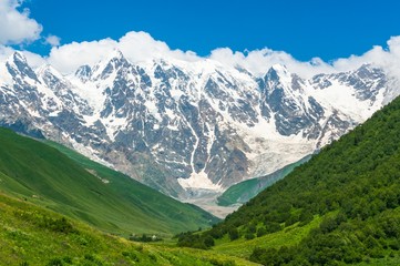 Fototapeta na wymiar Beautiful grassy valley and snow-capped mountains in Georgia