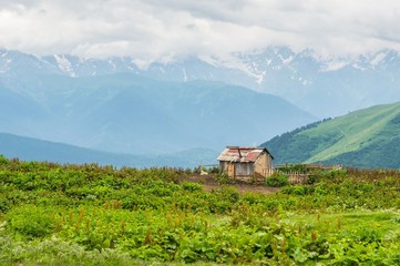 Fototapeta na wymiar Old shack and mountains in Georgia