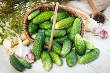 Ripe cucumbers in basket