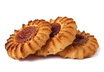 Qurabiya. delicious crumbly pastry with fruit jam on a white background 