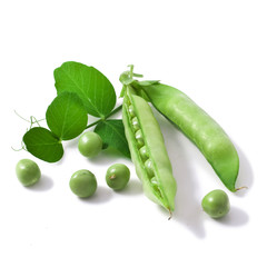 fresh pea with green leaf isolated on white background