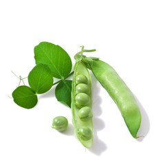 fresh pea with green leaf isolated on white background 