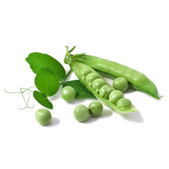 fresh pea with green leaf isolated on white background
