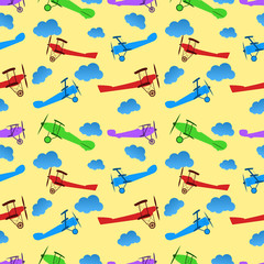 Seamless pattern from children colored retro planes