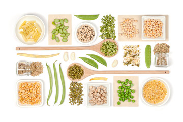 various legumes on white background top view