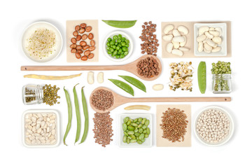 various legumes on white background top view