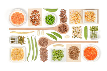 various legumes on white background top view