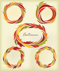 Set of round frames, stylized autumn leaves