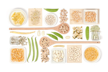 various legumes on white background top view
