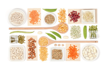 various legumes on white background top view