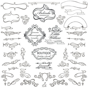 Swirling calligraphic elements,ribbons,Curled decor set for logo