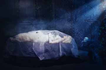 Sleeping Beauty. Beautiful lifeless bride in white dress lying o