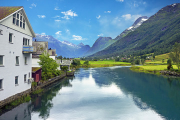 Norway panoramic landscape houses in rural town Olden