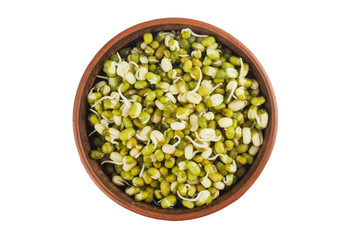Raw mung beans sprouts in ceramic bowl isolated on white backgro