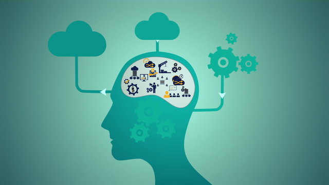 Thoughts appearing with cogs and clouds