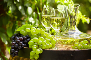 Grapes on a wooden barrel