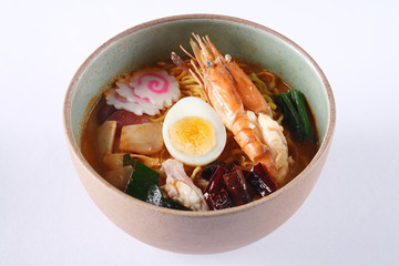 Tom Yum Goong ramen isolated on white background, River Prawn wi