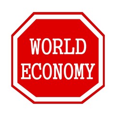 World Economy white stamp text on red octagon