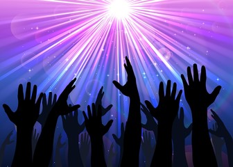Illustration of hands raised from the people with light colourful