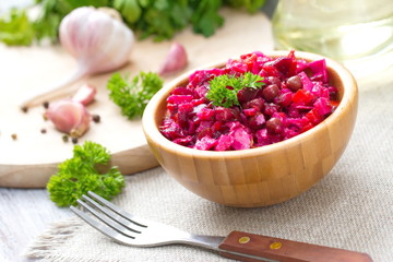 Beet Salad Vinaigrette in wooden bowl