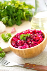 Beet Salad Vinaigrette in wooden bowl