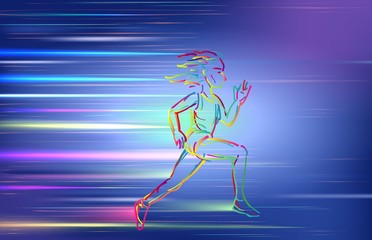 Woman running, using colorful zigzag line on blue background