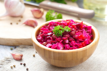 Beet Salad Vinaigrette in wooden bowl