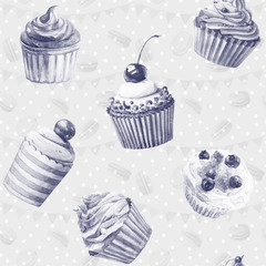 Seamless pattern. Watercolor cupcakes, muffins. Monochrome illustration of baking. Blue color.