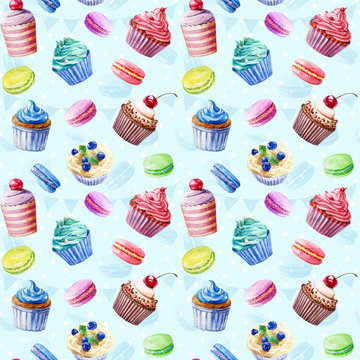 Seamless pattern. Watercolor cupcakes, muffins, macaroons. Colorful illustration of baking. 