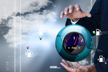 Man showing fuel meter in color background