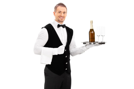 Waiter holding a tray with a champagne on it