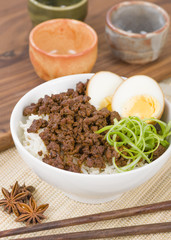 Lu Rou Fan (Taiwanese Braised Pork Rice Bowl) - Ground pork marinated and boiled in soy sauce served on top of steamed rice.
