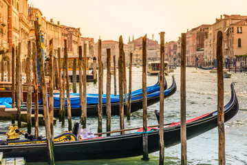 Venice Grand Canal with gondolas at sunset, Italy.