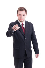 Accountant or financial manager pointing finger to the camera