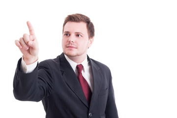 Accountant or financial manager poiting finger on invisible scre